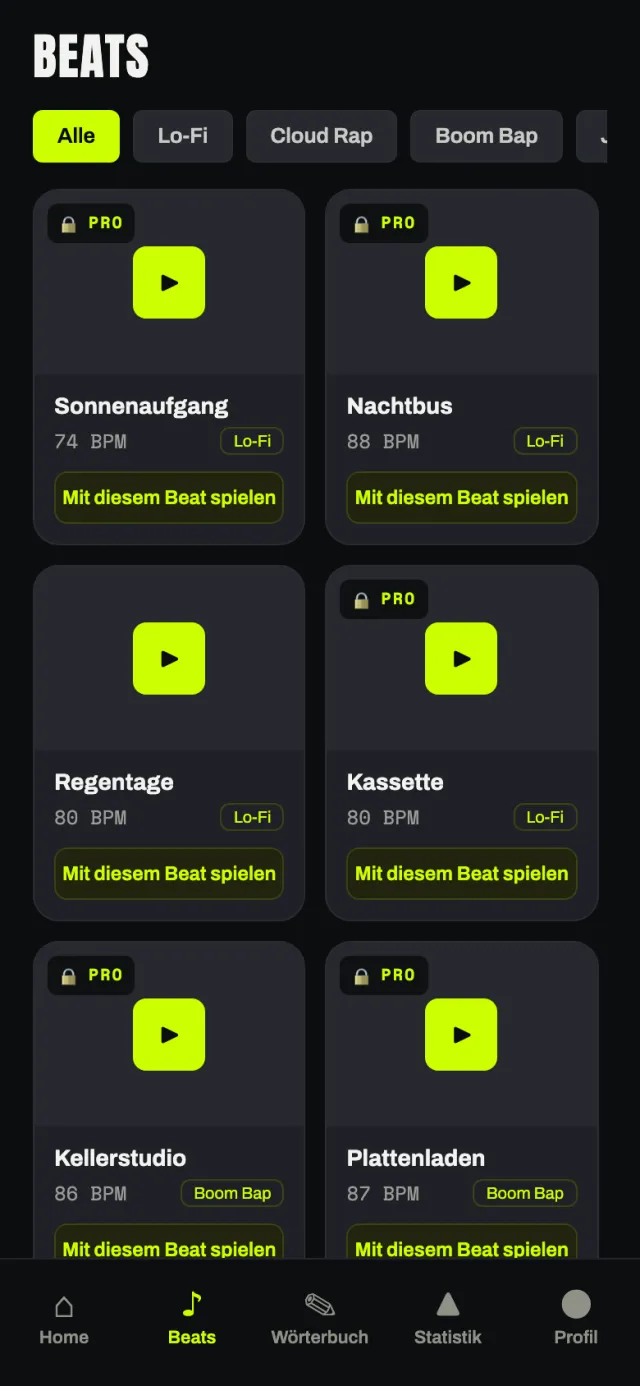 Beat-Auswahl von Reimflow mit Genres wie Lo-Fi, Cloud Rap und Boom Bap.