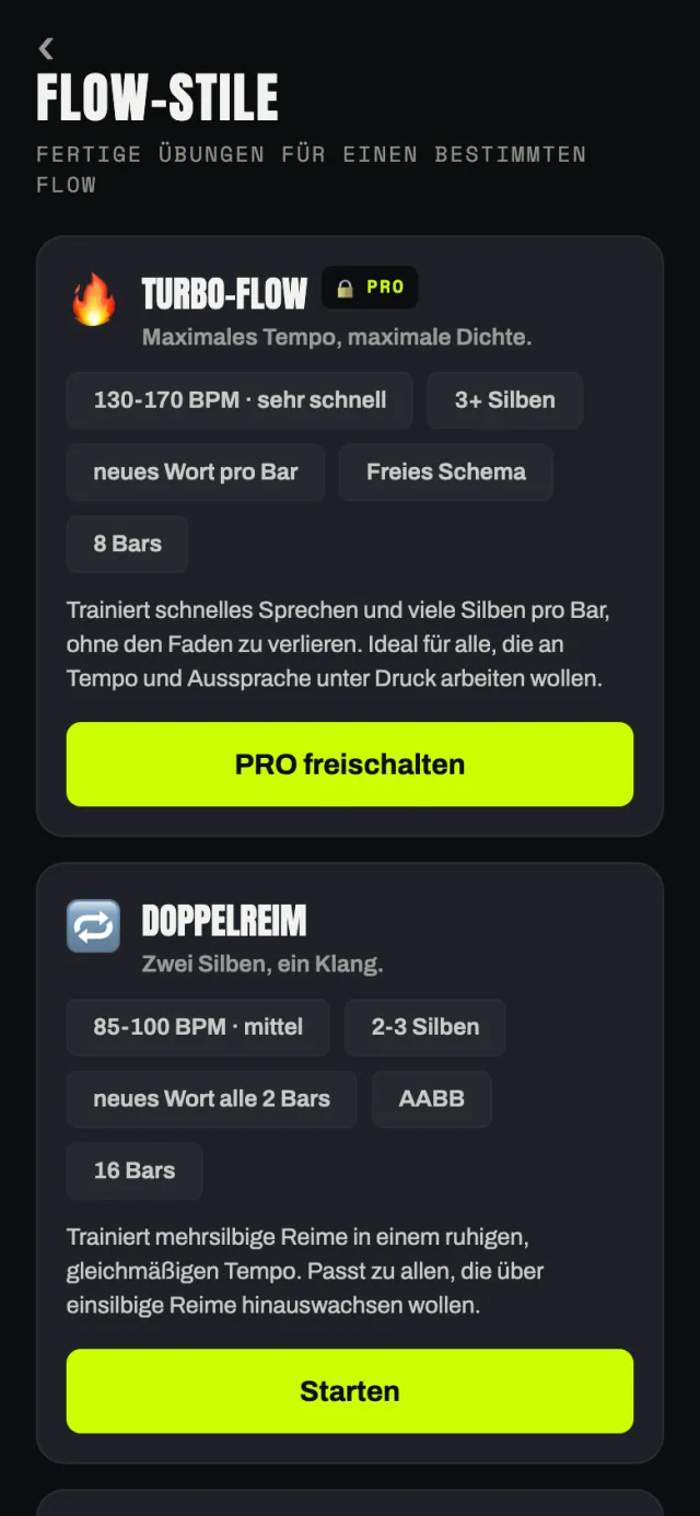 Flow-Stile in Reimflow: Turbo-Flow und Doppelreim mit Tempo, Silben und Reimschema.