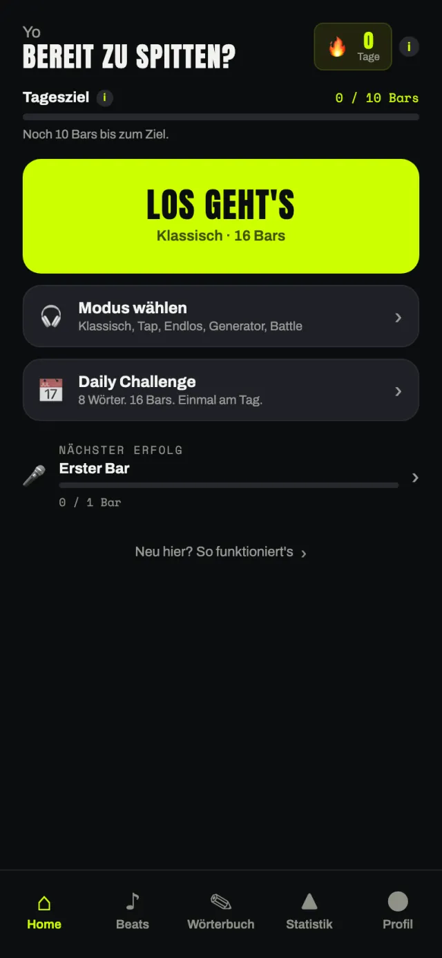 Startseite von Reimflow mit Tagesziel, dem Button Los geht's, Modus wählen und Daily Challenge.