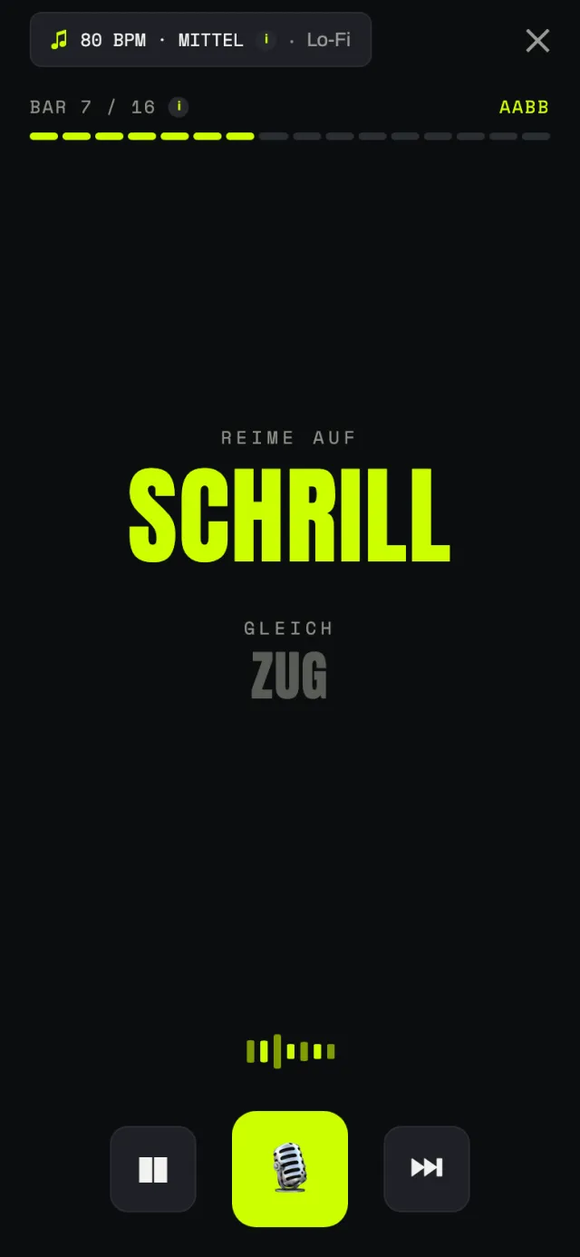 Reimflow beim Spielen: Bar 7 von 16 auf einem Lo-Fi-Beat mit 80 BPM, oben das Wort Schrill, darunter das nächste Wort Zug.